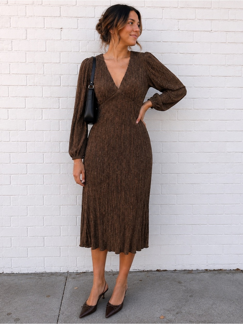 All In Favor Desert Palm Brown Plisse V-Neck Long Sleeve Midi Dress